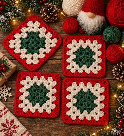Grannys tejidos a crochet en rojo, crema y verde