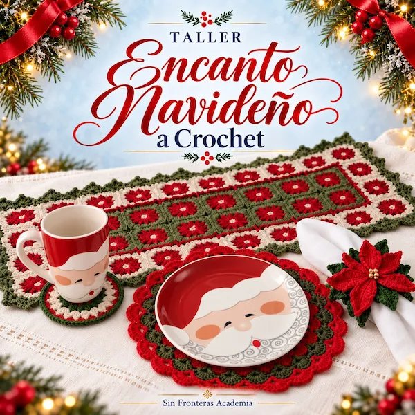 Camino de mesa, individual, portavasos y portaservilletas navideños tejidos a crochet del Taller Encanto Navideño